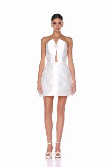 White Strapless Mini Evening Dress with Brooch